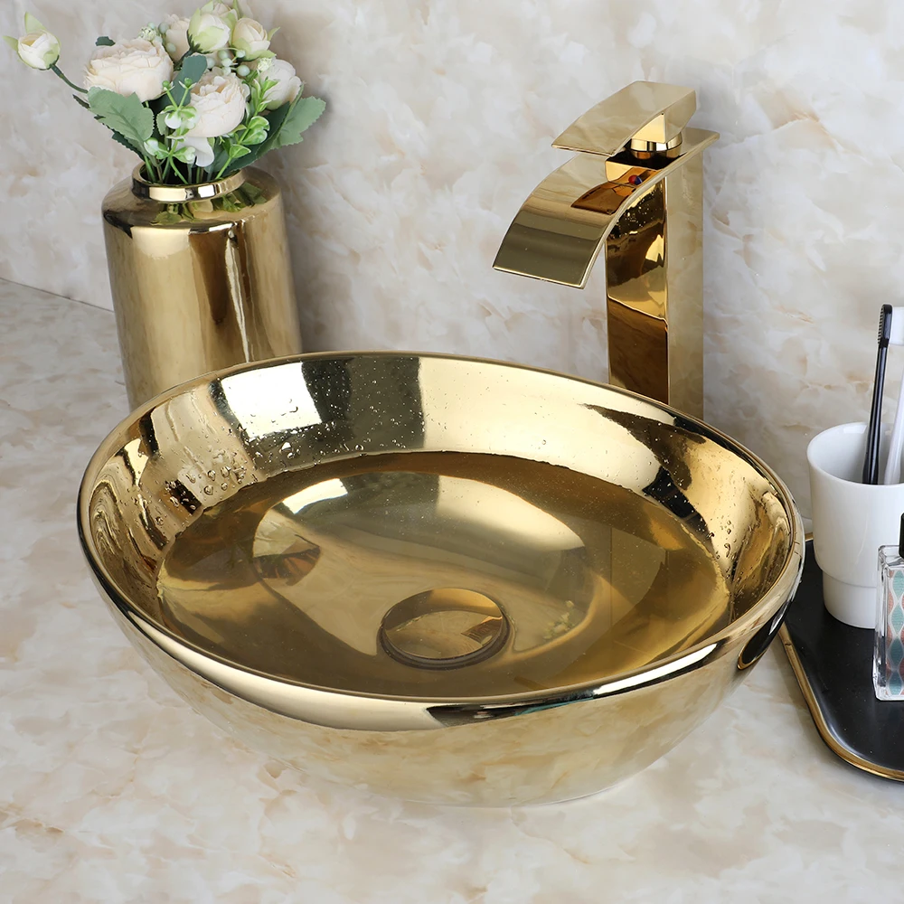 ZAPPO Luxury Large Gold Vessel Sink Ceramic Bathroom Sink Above Counter Washing Sink Faucet Combo with Faucets Drain Basin Sinks