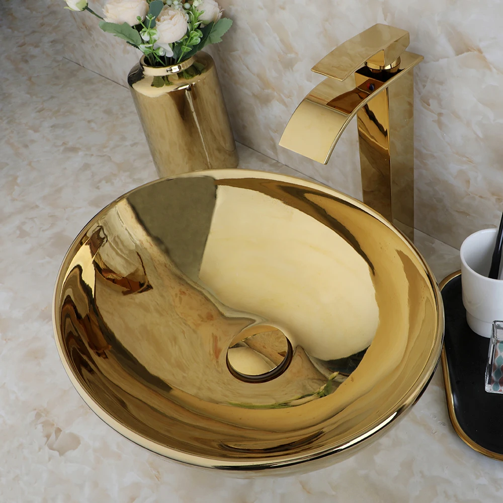 ZAPPO Luxury Large Gold Vessel Sink Ceramic Bathroom Sink Above Counter Washing Sink Faucet Combo with Faucets Drain Basin Sinks