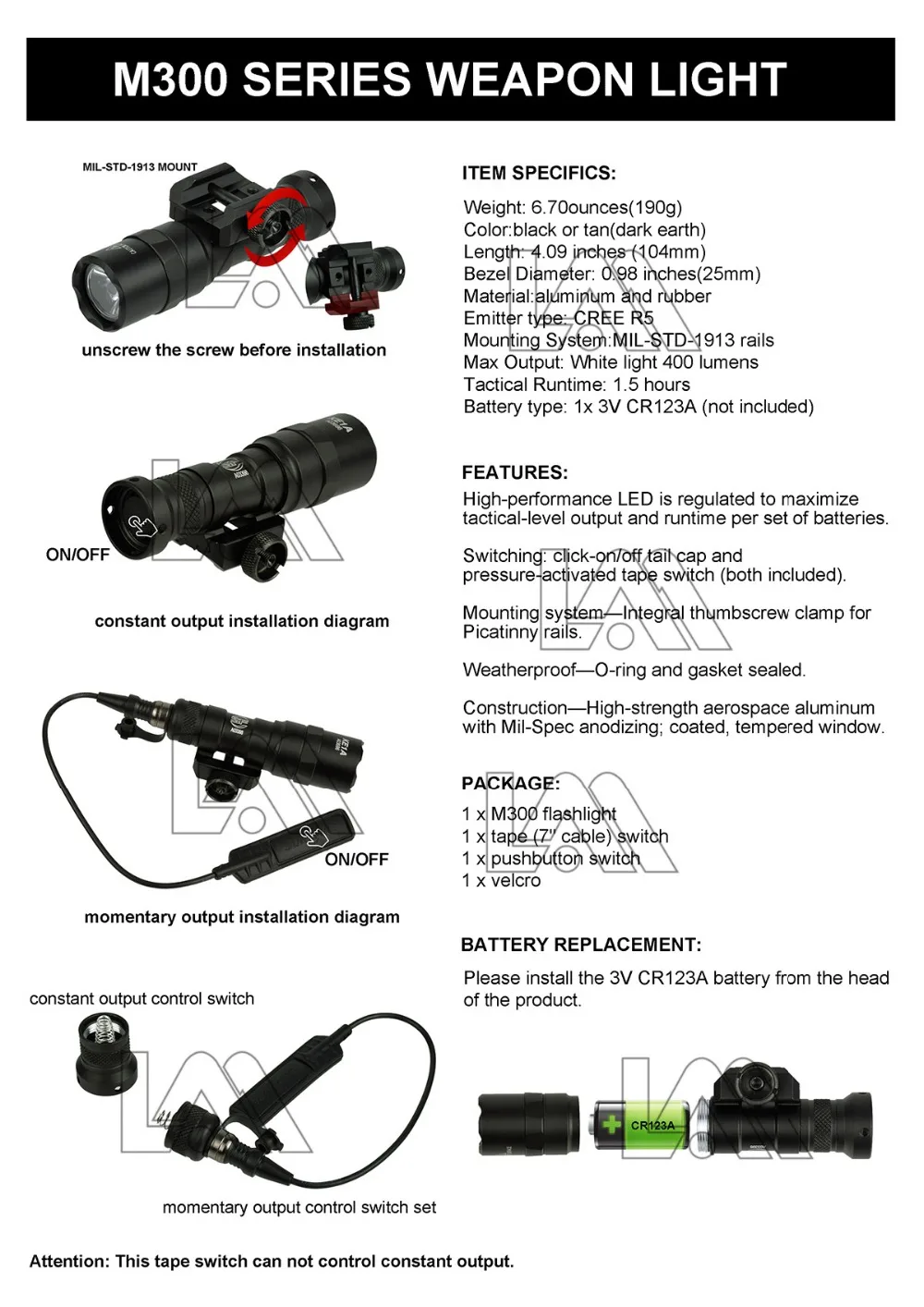 Tactical M300B M300 Scout Light HK416 AK47 Rifle Surefir WeaponFlashlight LED Hunting Torch Momentary Pressure Pad Switch