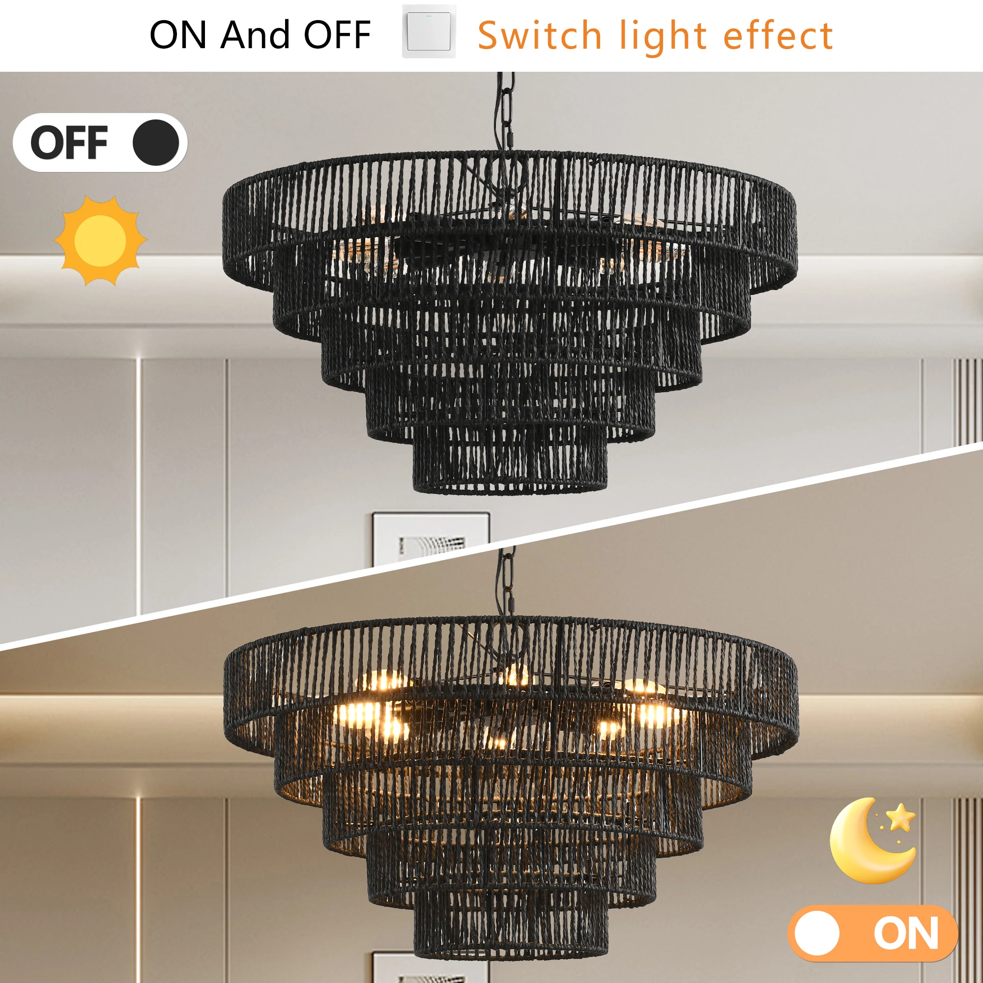 24" Rustic 5-Tier Black Hemp Rope Pendant Light Chandelier with 8 E12 Sockets, Boho Farmhouse Ceiling Fixture,Dining,Kitchen