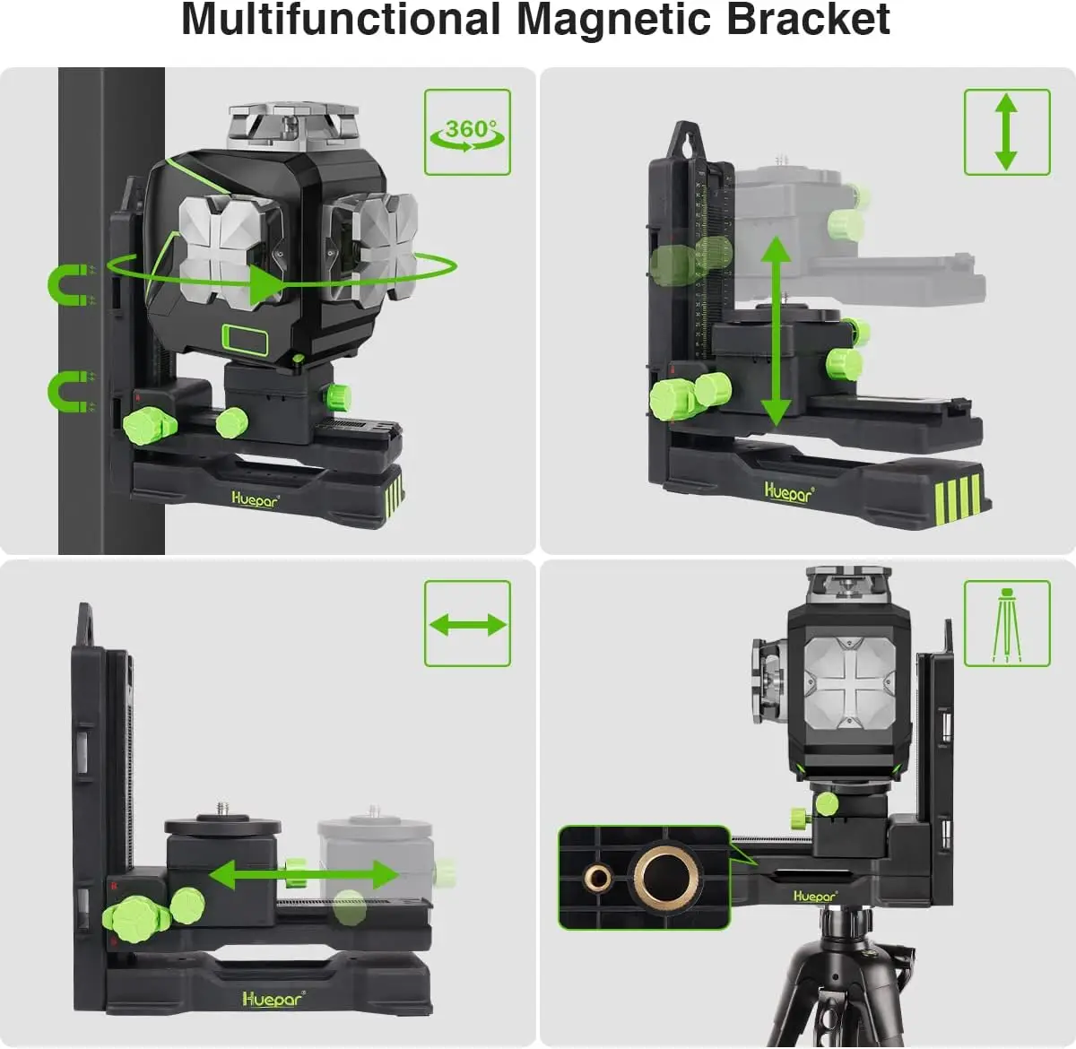 Huepar S03CG Set 3D Cross Line Laser Level Bluetooth & Remote 12 Lines Osram Green Beam Laser With Receiver Tripod Rangefinder