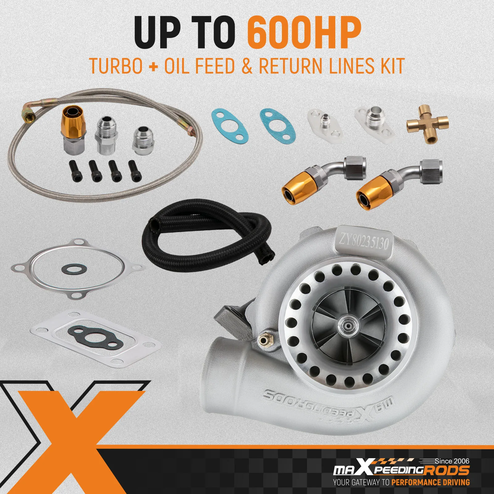 maXpeedingrods GT35 GT3582 Universal Turbo Turbocharger T3 4 Bolts W/ Oil Fuel Lines 600+HP