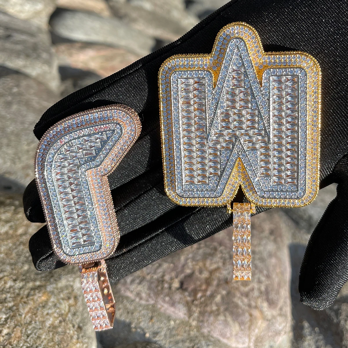Bubble Letter Jewelry Initial Necklace for Men Iced Out Baguette Pendant Prong Setting Hip Hop Rock Street