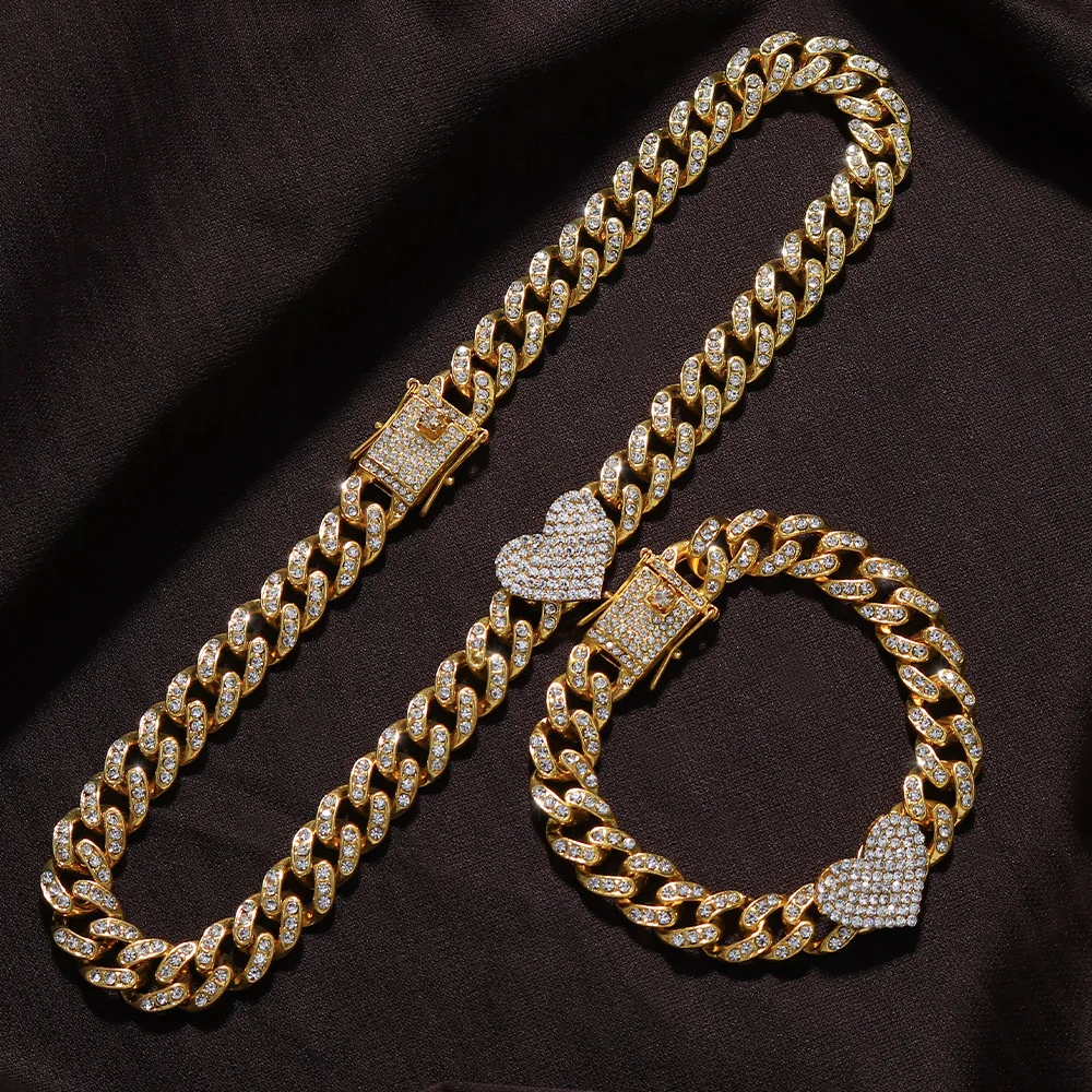 2Pc/Set Rapper Full Heavy Heart-shaped Cuban Link Bracelet Iced Women for Men Necklcae Chain Prong Pave Luxury Hiphop Jewelry Cz