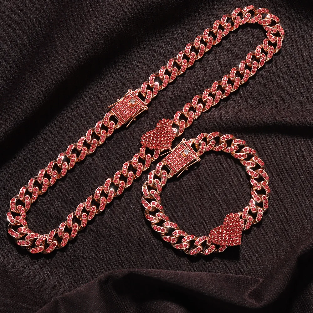 2Pc/Set Rapper Full Heavy Heart-shaped Cuban Link Bracelet Iced Women for Men Necklcae Chain Prong Pave Luxury Hiphop Jewelry Cz