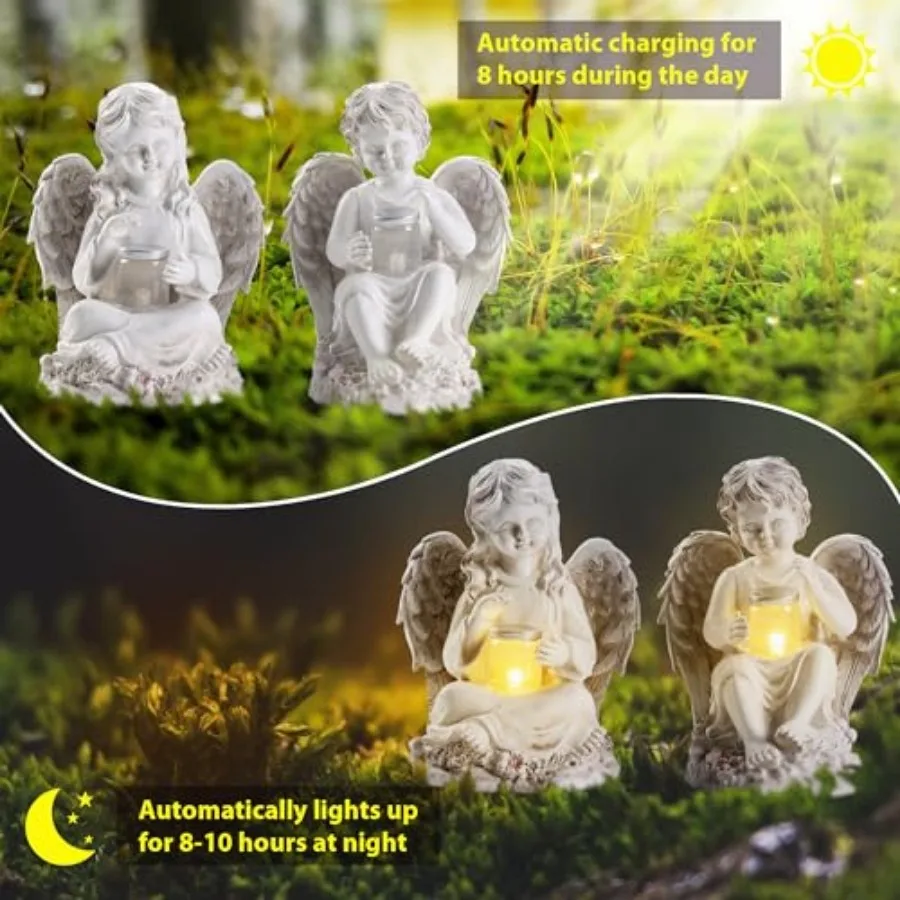 2 Pack Outdoor Angel Statue Garden Decor, Classic Solar Figurine Decoration for Yard Art Indoor Porch Home Lawn Outside Light u