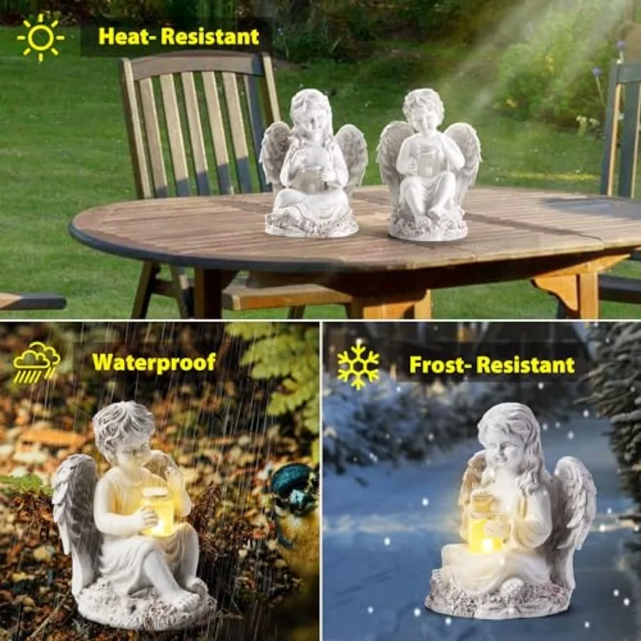 2 Pack Outdoor Angel Statue Garden Decor, Classic Solar Figurine Decoration for Yard Art Indoor Porch Home Lawn Outside Light u