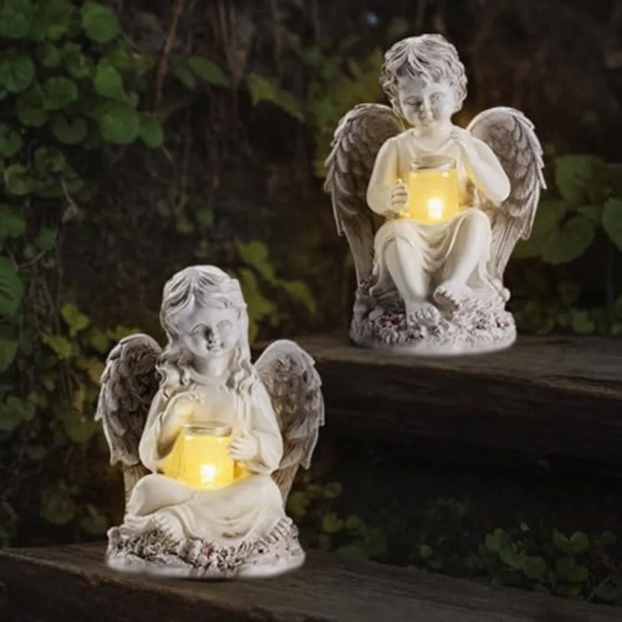 2 Pack Outdoor Angel Statue Garden Decor, Classic Solar Figurine Decoration for Yard Art Indoor Porch Home Lawn Outside Light u
