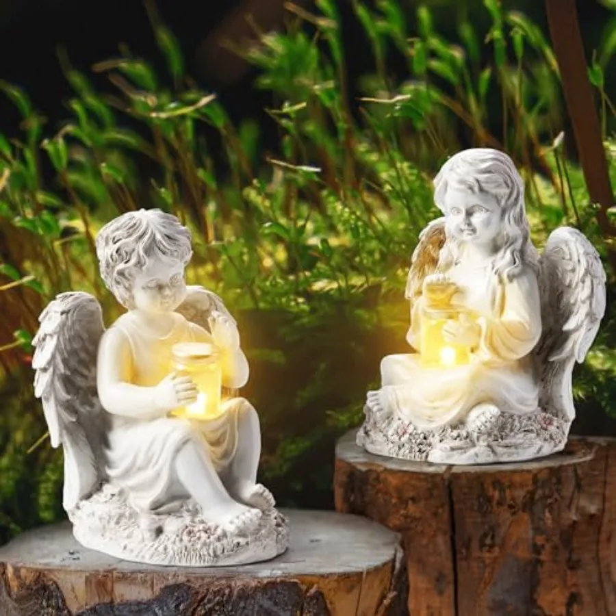 2 Pack Outdoor Angel Statue Garden Decor, Classic Solar Figurine Decoration for Yard Art Indoor Porch Home Lawn Outside Light u