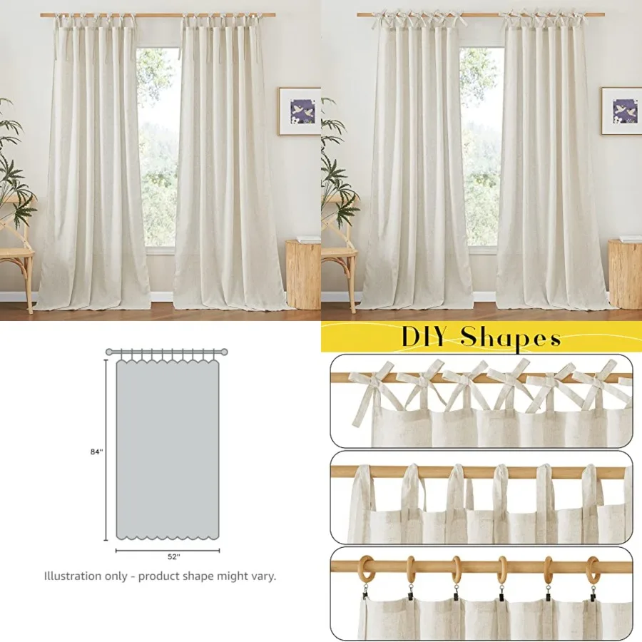 Thick Linen Curtains 84 inch Length 2 Panels Set, Tie Top Light Filtering Curtains Semitransparent Linen Burlap Drapes Privacy