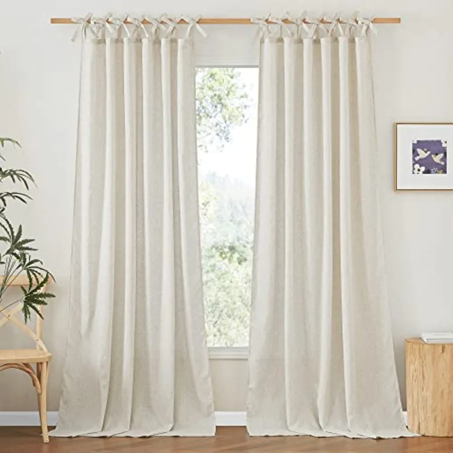 Thick Linen Curtains 84 inch Length 2 Panels Set, Tie Top Light Filtering Curtains Semitransparent Linen Burlap Drapes Privacy
