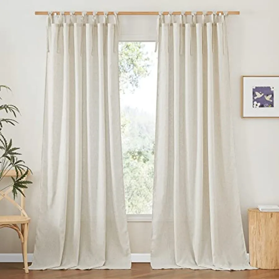 Thick Linen Curtains 84 inch Length 2 Panels Set, Tie Top Light Filtering Curtains Semitransparent Linen Burlap Drapes Privacy