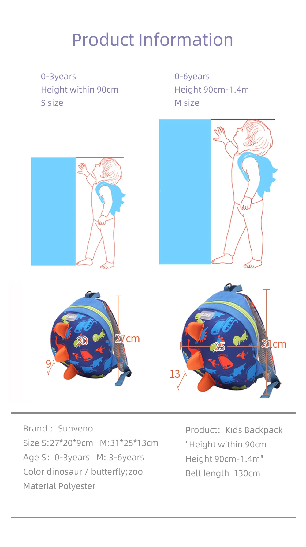 Sunveno Children's Backpack Bag for Boys Girls Toddler Preschool Kids Lunch Bag – Safety Harness Leash,Dinosaur, Lightweight