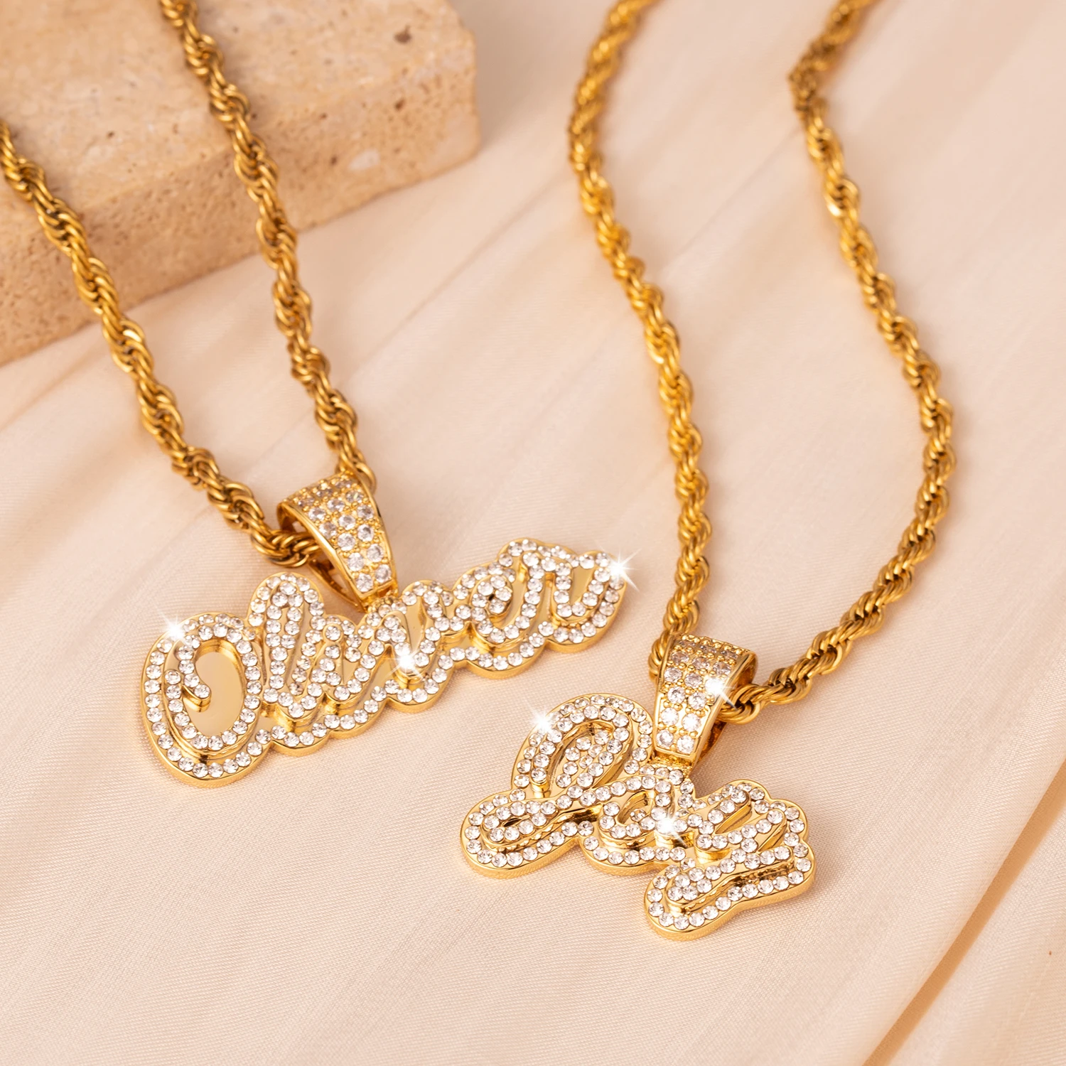 Iced Out Custom Name Necklace Double Layer Personalized Diamond Letter Pendant Stainless Steel Gold Chain Nameplate Jewelry Gift