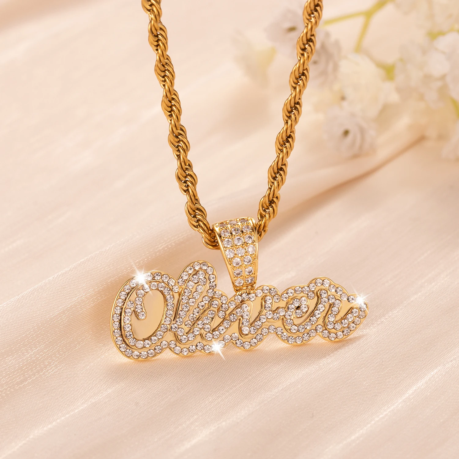 Iced Out Custom Name Necklace Double Layer Personalized Diamond Letter Pendant Stainless Steel Gold Chain Nameplate Jewelry Gift