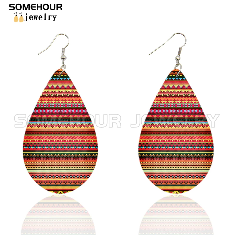 SOMEHOUR African Ethnic Art Craft Water Drop Earrings For Women Afro Fabric Design Print Bohemian Natural Wooden Pendant Dangle