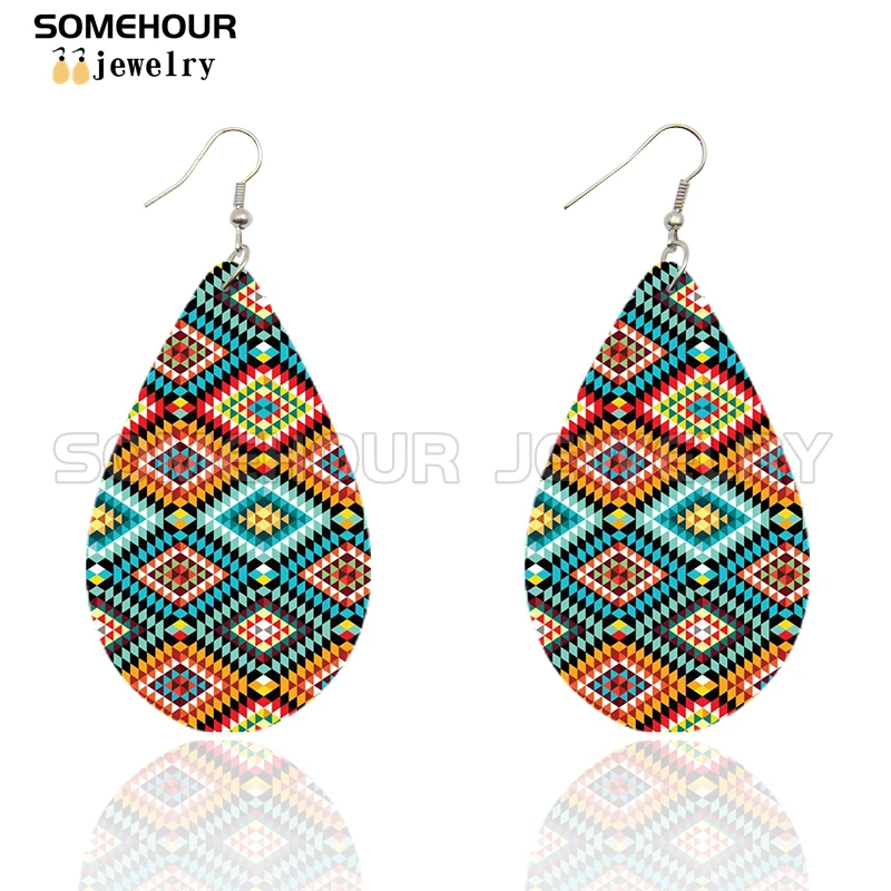 SOMEHOUR African Ethnic Art Craft Water Drop Earrings For Women Afro Fabric Design Print Bohemian Natural Wooden Pendant Dangle