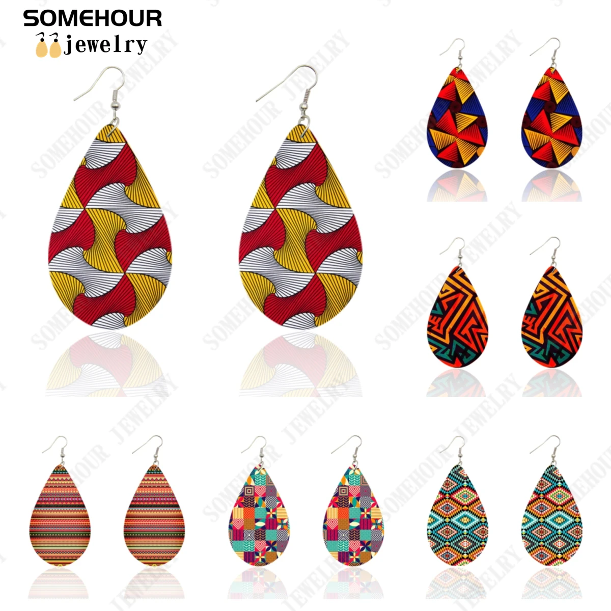 SOMEHOUR African Ethnic Art Craft Water Drop Earrings For Women Afro Fabric Design Print Bohemian Natural Wooden Pendant Dangle