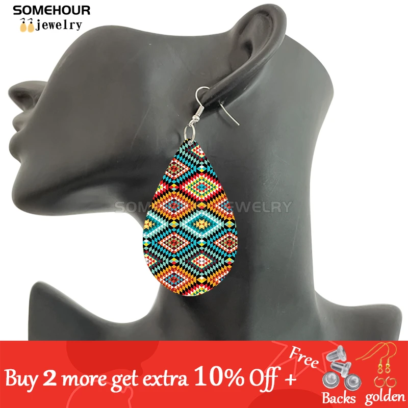 SOMEHOUR African Ethnic Art Craft Water Drop Earrings For Women Afro Fabric Design Print Bohemian Natural Wooden Pendant Dangle