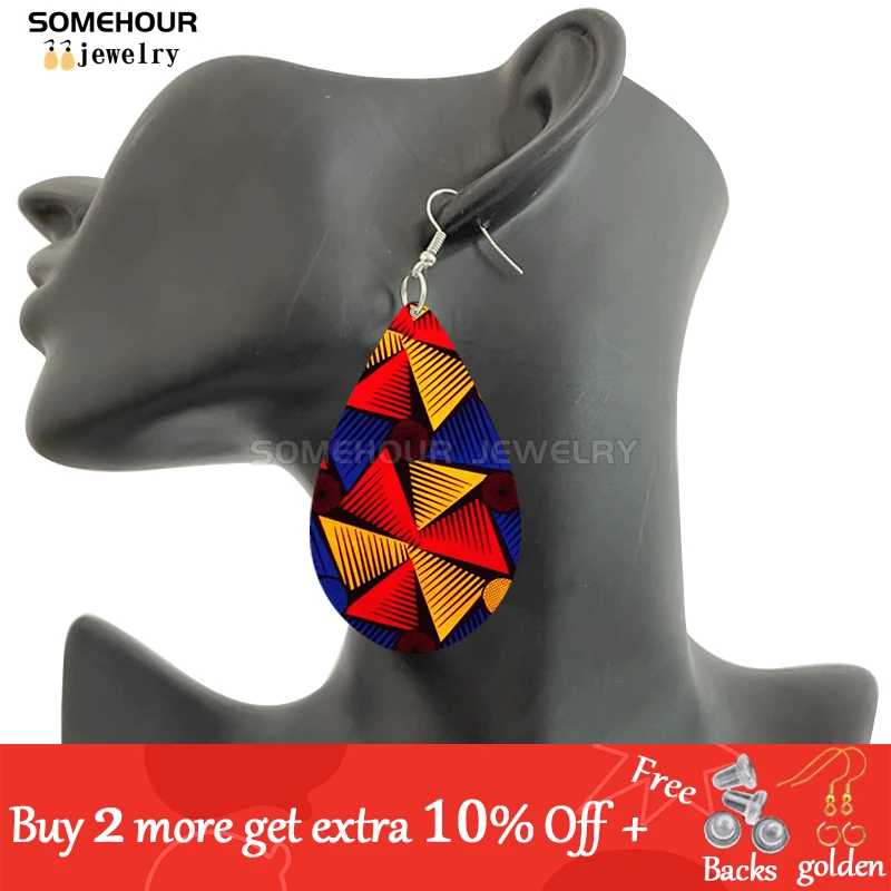 SOMEHOUR African Ethnic Art Craft Water Drop Earrings For Women Afro Fabric Design Print Bohemian Natural Wooden Pendant Dangle