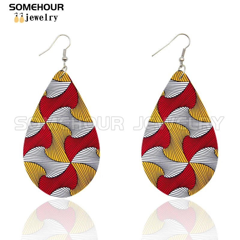 SOMEHOUR African Ethnic Art Craft Water Drop Earrings For Women Afro Fabric Design Print Bohemian Natural Wooden Pendant Dangle