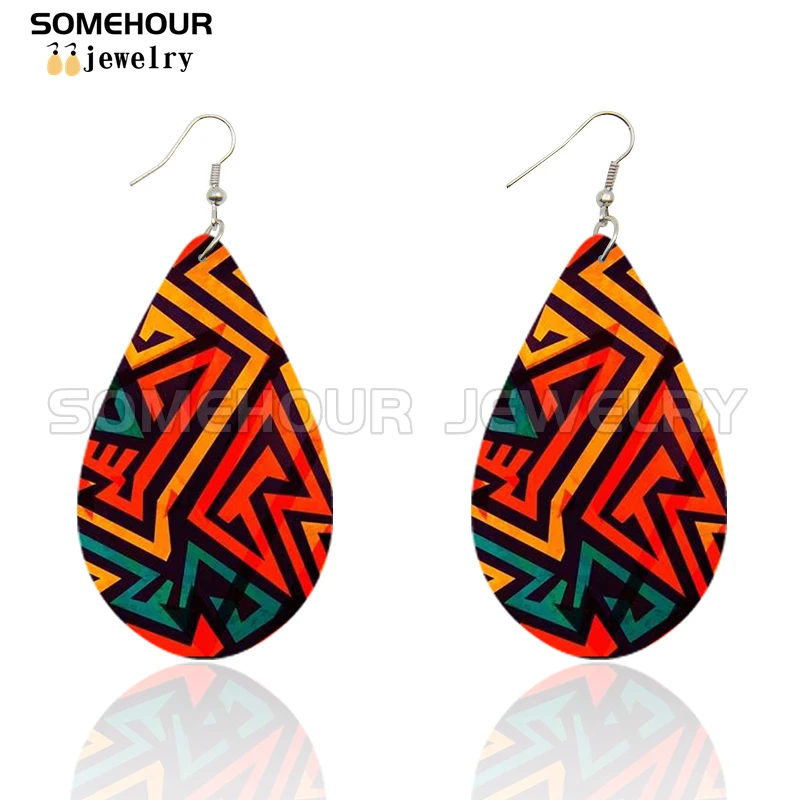 SOMEHOUR African Ethnic Art Craft Water Drop Earrings For Women Afro Fabric Design Print Bohemian Natural Wooden Pendant Dangle