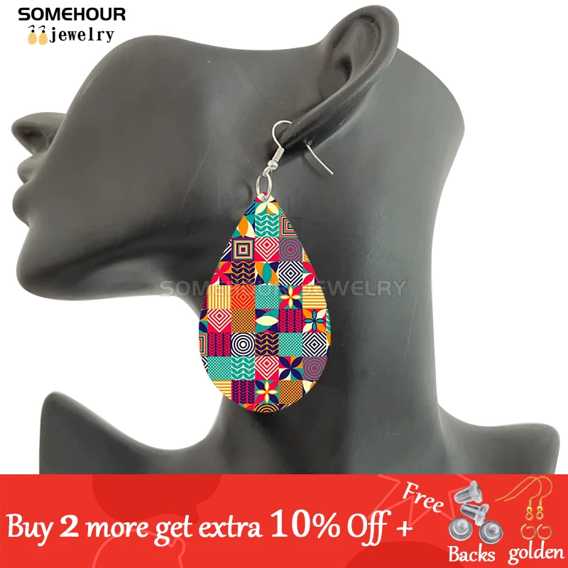 SOMEHOUR African Ethnic Art Craft Water Drop Earrings For Women Afro Fabric Design Print Bohemian Natural Wooden Pendant Dangle