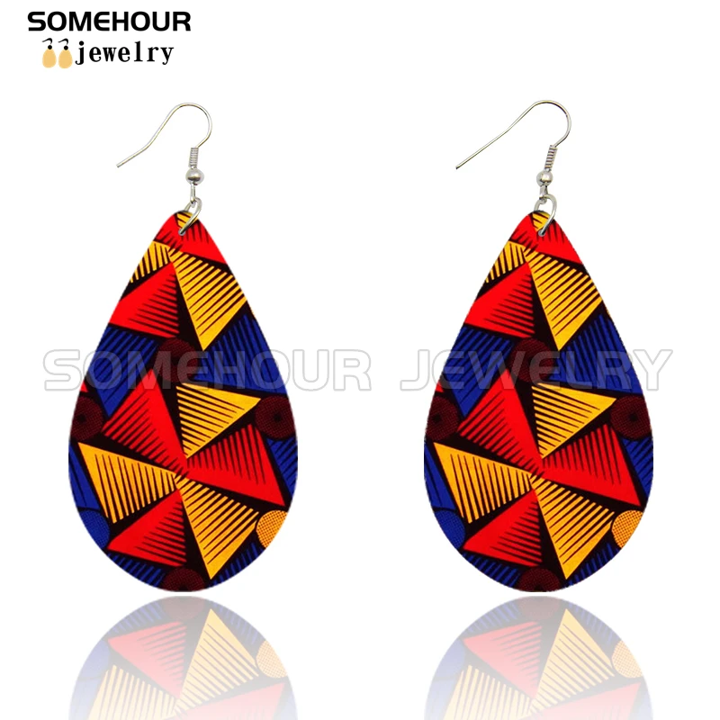 SOMEHOUR African Ethnic Art Craft Water Drop Earrings For Women Afro Fabric Design Print Bohemian Natural Wooden Pendant Dangle