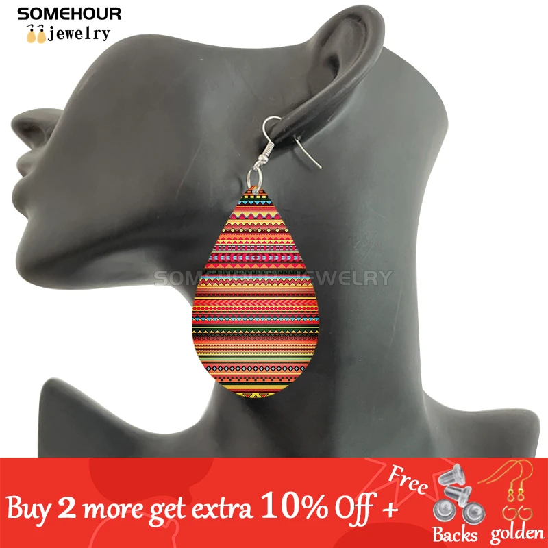 SOMEHOUR African Ethnic Art Craft Water Drop Earrings For Women Afro Fabric Design Print Bohemian Natural Wooden Pendant Dangle