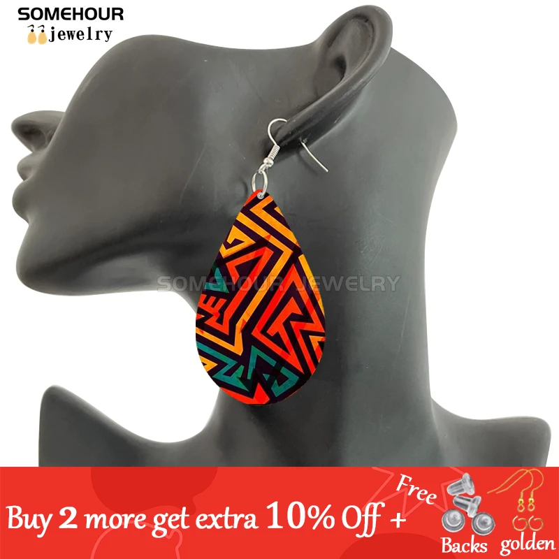 SOMEHOUR African Ethnic Art Craft Water Drop Earrings For Women Afro Fabric Design Print Bohemian Natural Wooden Pendant Dangle