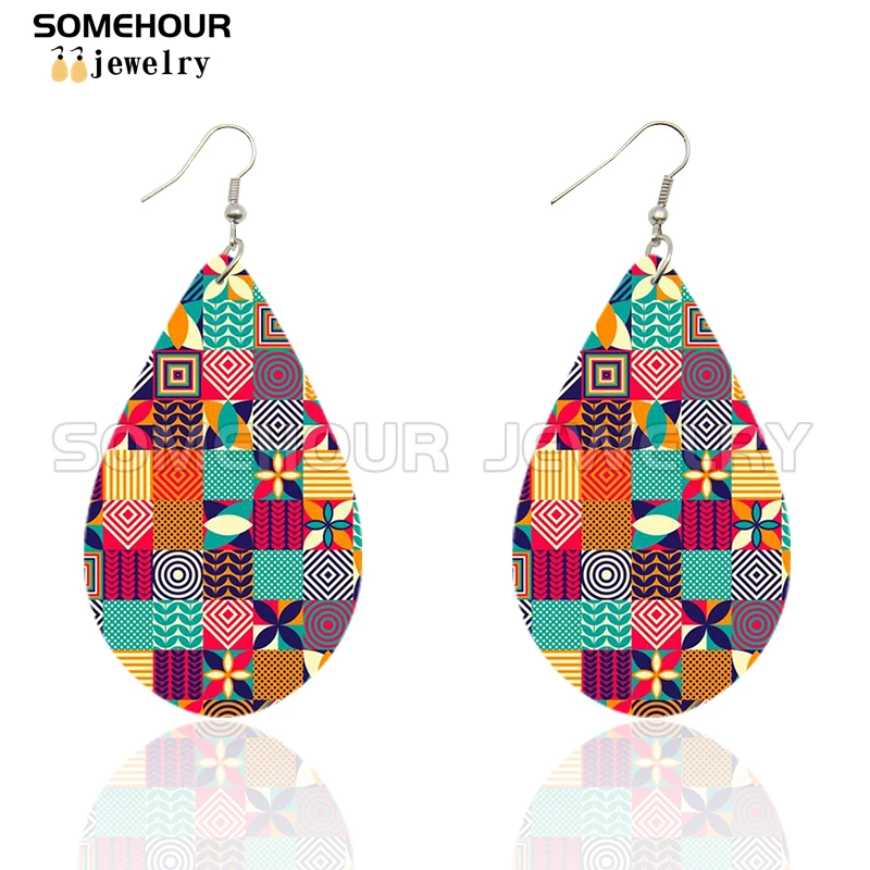 SOMEHOUR African Ethnic Art Craft Water Drop Earrings For Women Afro Fabric Design Print Bohemian Natural Wooden Pendant Dangle
