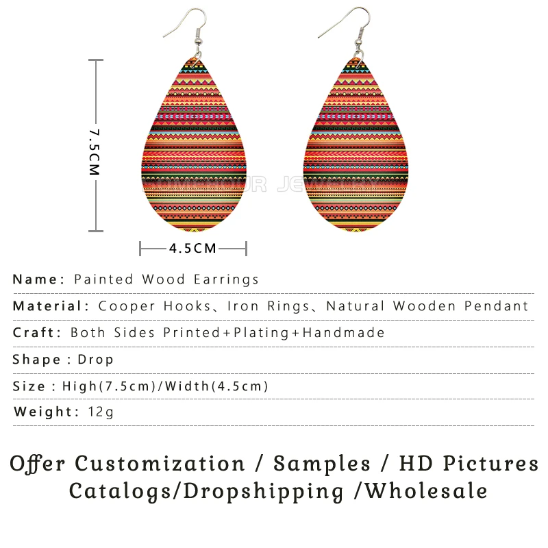 SOMEHOUR African Ethnic Art Craft Water Drop Earrings For Women Afro Fabric Design Print Bohemian Natural Wooden Pendant Dangle