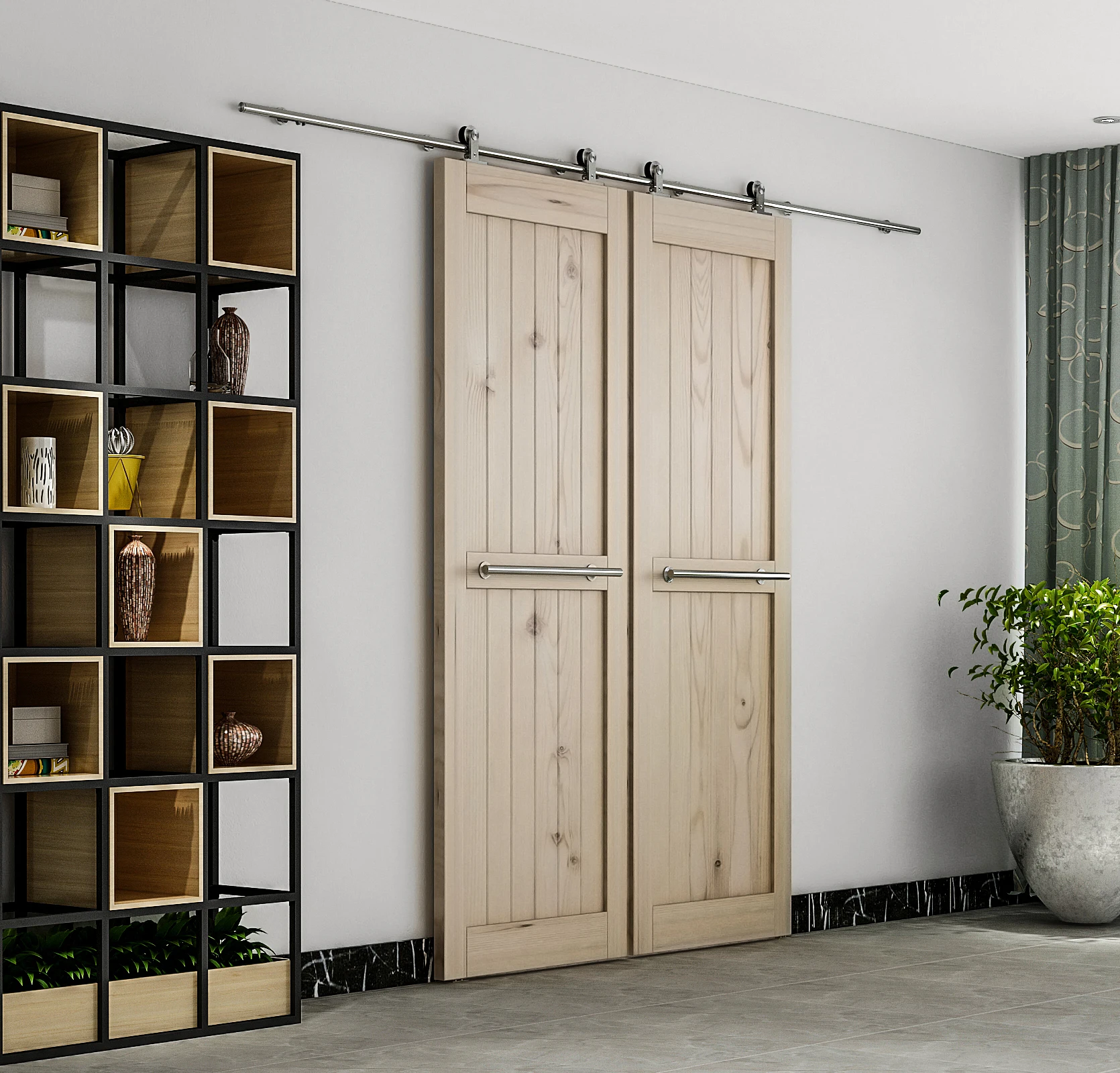Integrated Soft Close Sliding Hardware Brushed Stainless Steel Top Mount Studio Barn Door Style Track Kit