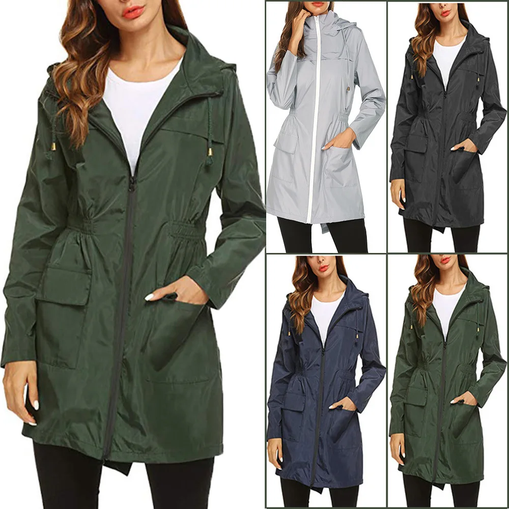 Women Fashion All Seasons Outdoor Waterproof Rain Jacket Casual Loose Hooded Windproof Coat Climbing Windbreaker Jacket