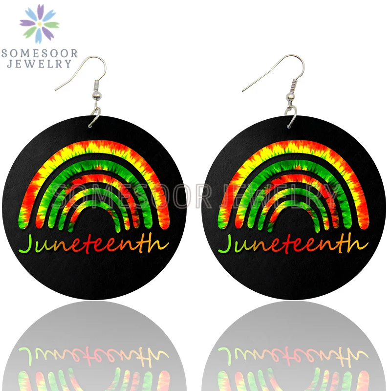 SOMESOOR I Am Black 1865 Juneteenth Day Wooden Drop Earrings For Women Gifts Rainbow Printing Fashion Loops Wood Ear Jewelry