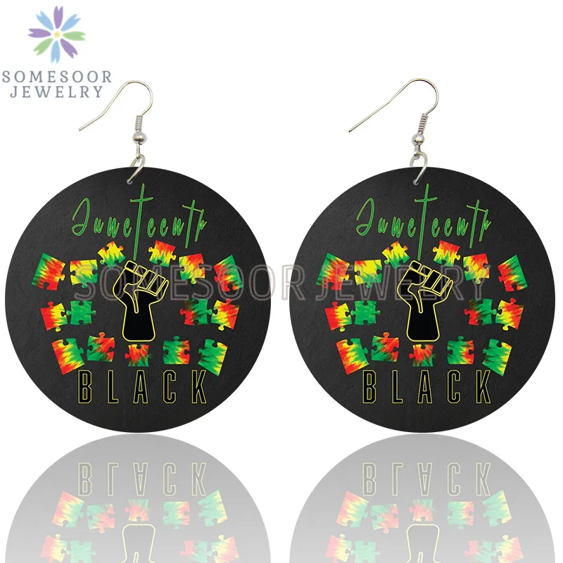 SOMESOOR I Am Black 1865 Juneteenth Day Wooden Drop Earrings For Women Gifts Rainbow Printing Fashion Loops Wood Ear Jewelry