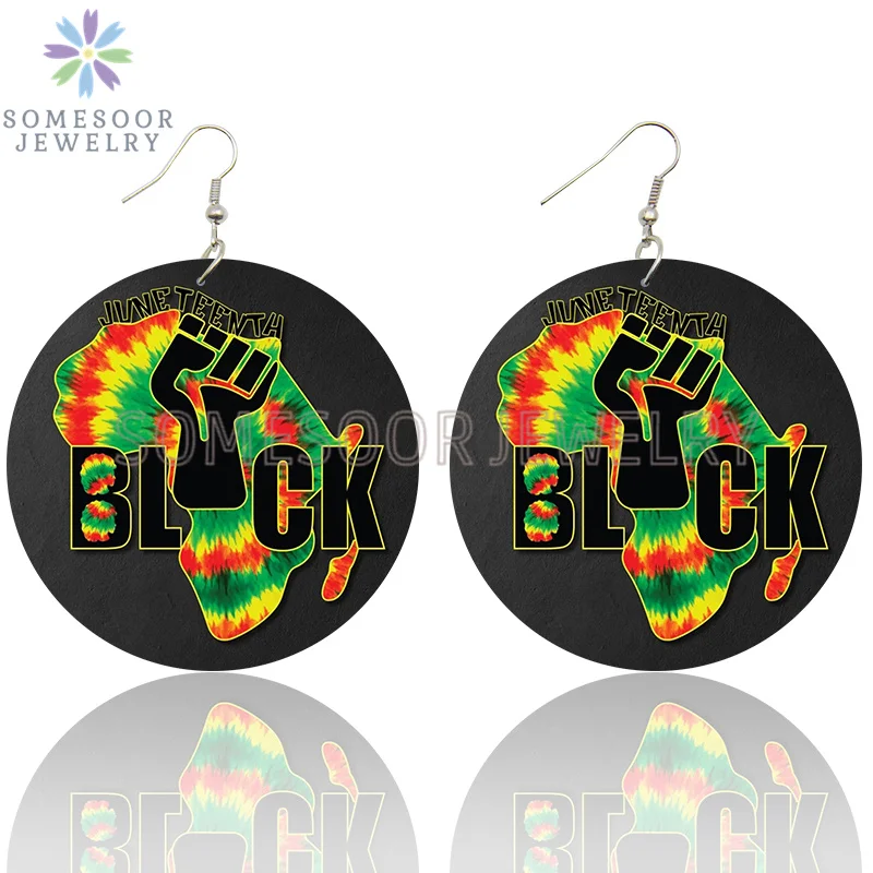 SOMESOOR I Am Black 1865 Juneteenth Day Wooden Drop Earrings For Women Gifts Rainbow Printing Fashion Loops Wood Ear Jewelry