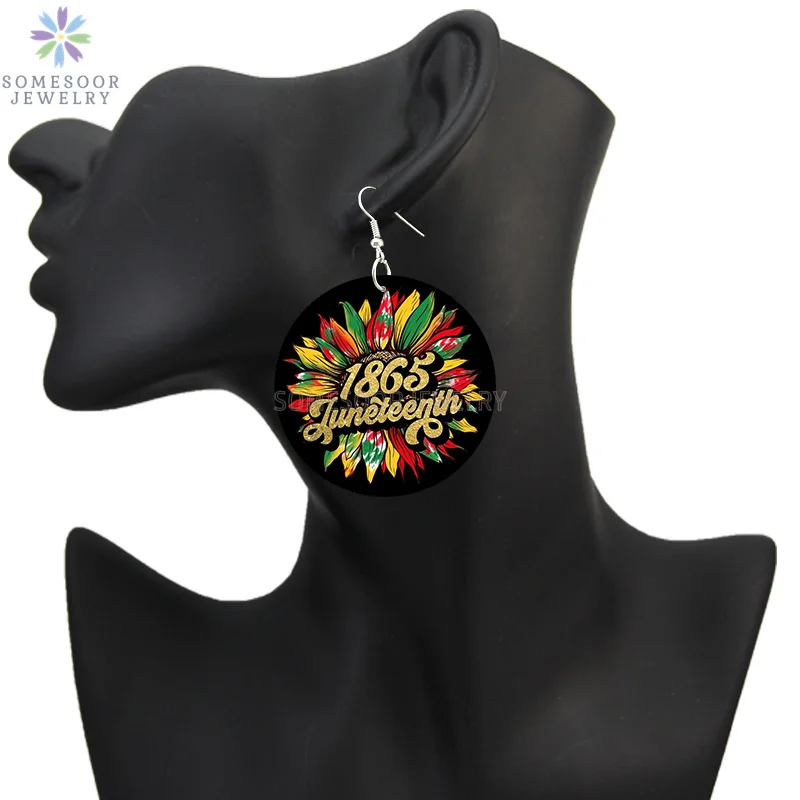 SOMESOOR I Am Black 1865 Juneteenth Day Wooden Drop Earrings For Women Gifts Rainbow Printing Fashion Loops Wood Ear Jewelry