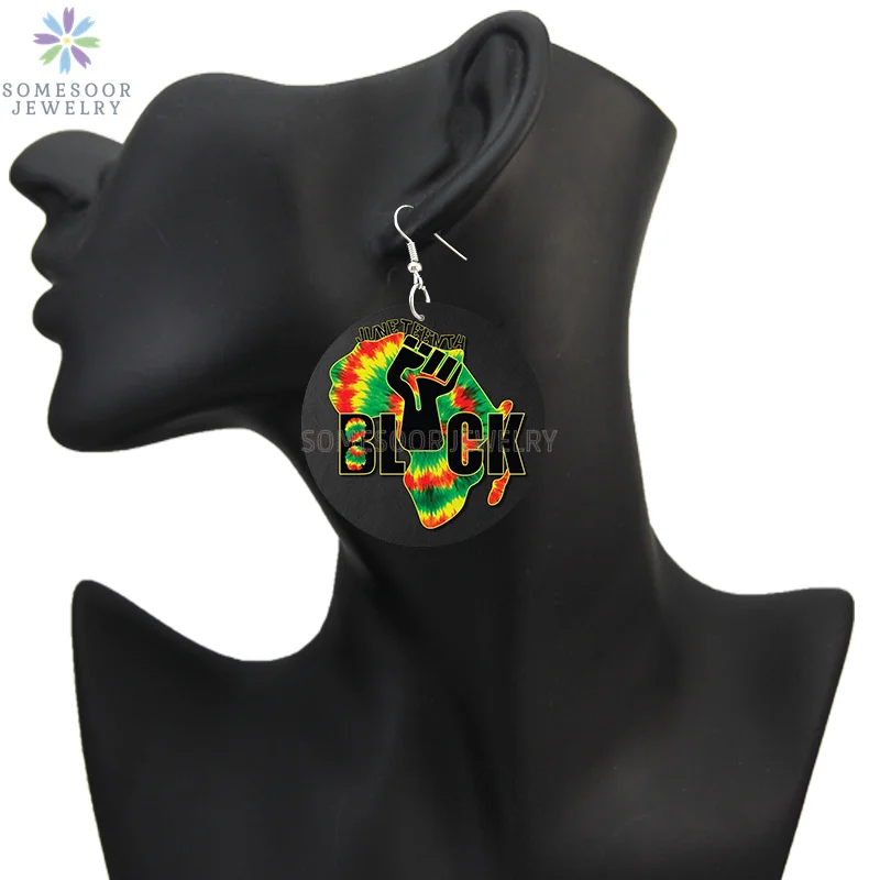 SOMESOOR I Am Black 1865 Juneteenth Day Wooden Drop Earrings For Women Gifts Rainbow Printing Fashion Loops Wood Ear Jewelry