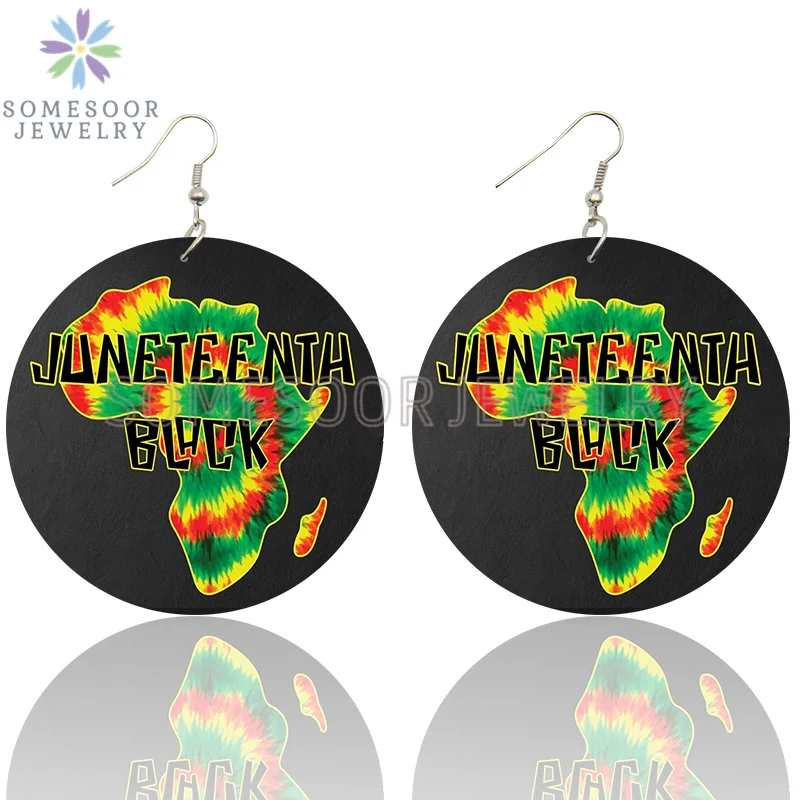 SOMESOOR I Am Black 1865 Juneteenth Day Wooden Drop Earrings For Women Gifts Rainbow Printing Fashion Loops Wood Ear Jewelry