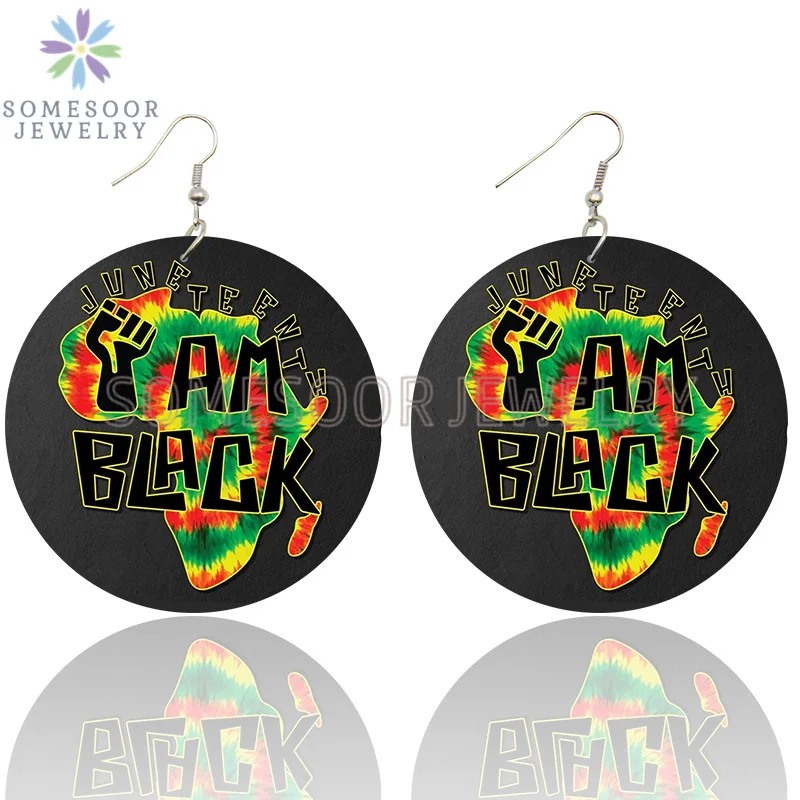 SOMESOOR I Am Black 1865 Juneteenth Day Wooden Drop Earrings For Women Gifts Rainbow Printing Fashion Loops Wood Ear Jewelry