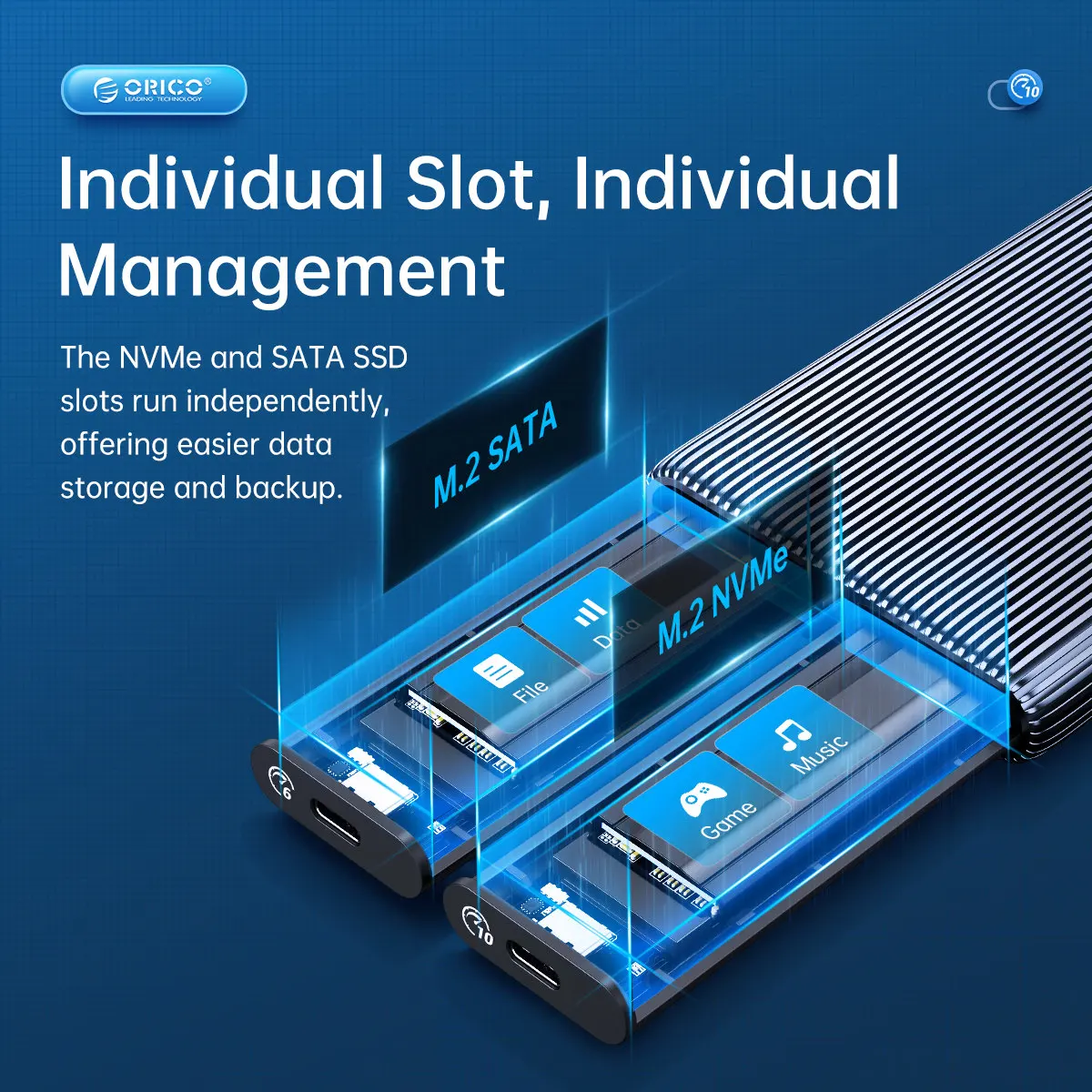 ORICO Dual Bay Aluminum M2 NVMe SSD Enclosure USB3.1 Gen2 10Gbps For M Key M&B Key NVMe PCIe SSD With Built-in Cooling Vest