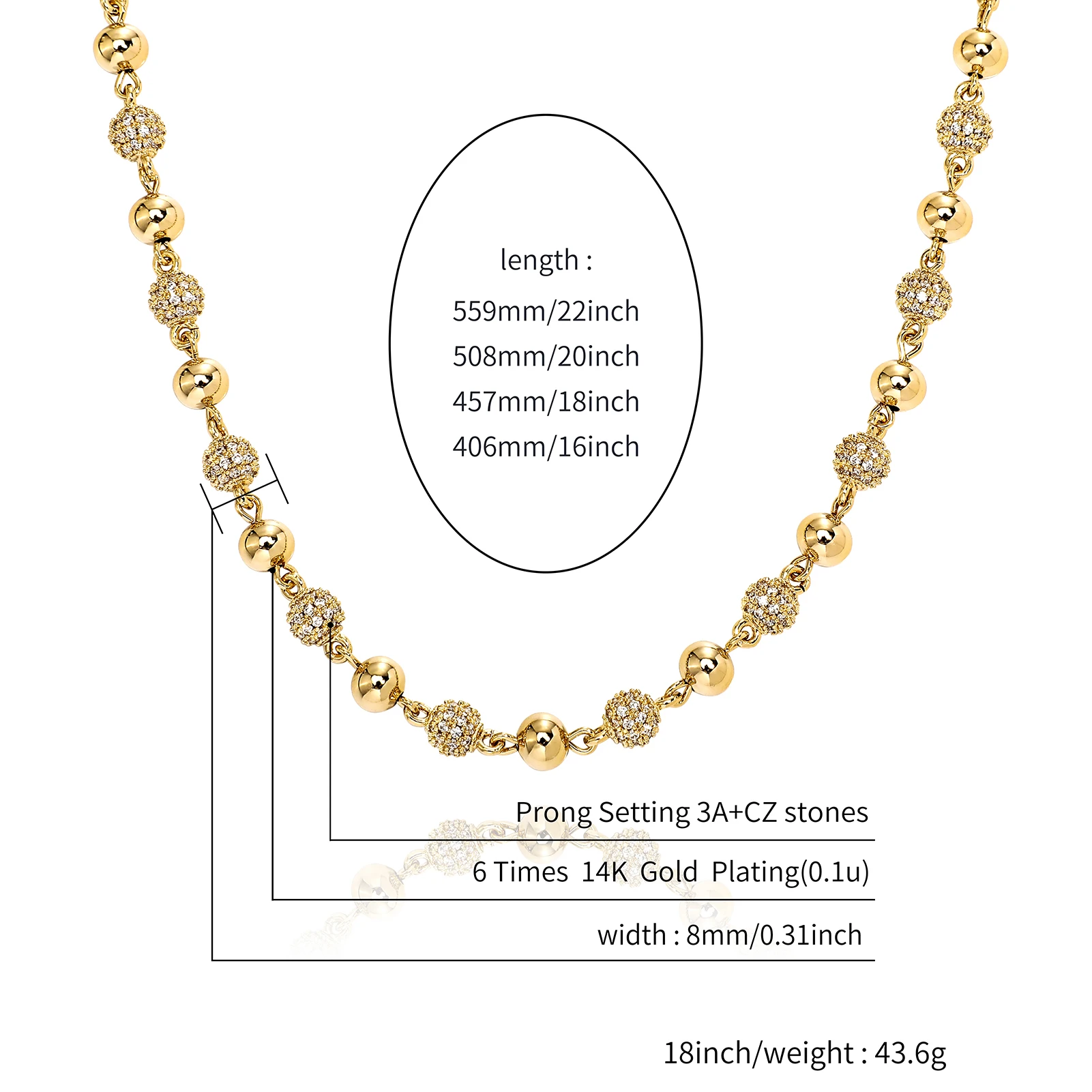 GUCY 6MM And 8MM Heavy Bead Round Cubic Zircon Iced Out Necklaces For Men Women Jewelry Gift