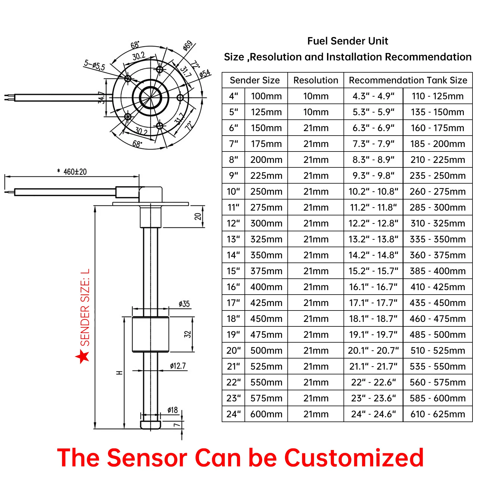 240~33ohms Marine Fuel Level Gauge Sensor Boat RV Water Level Sensor Tank Sending Unit Tank Fuel Sensor Indicator 12V 24V