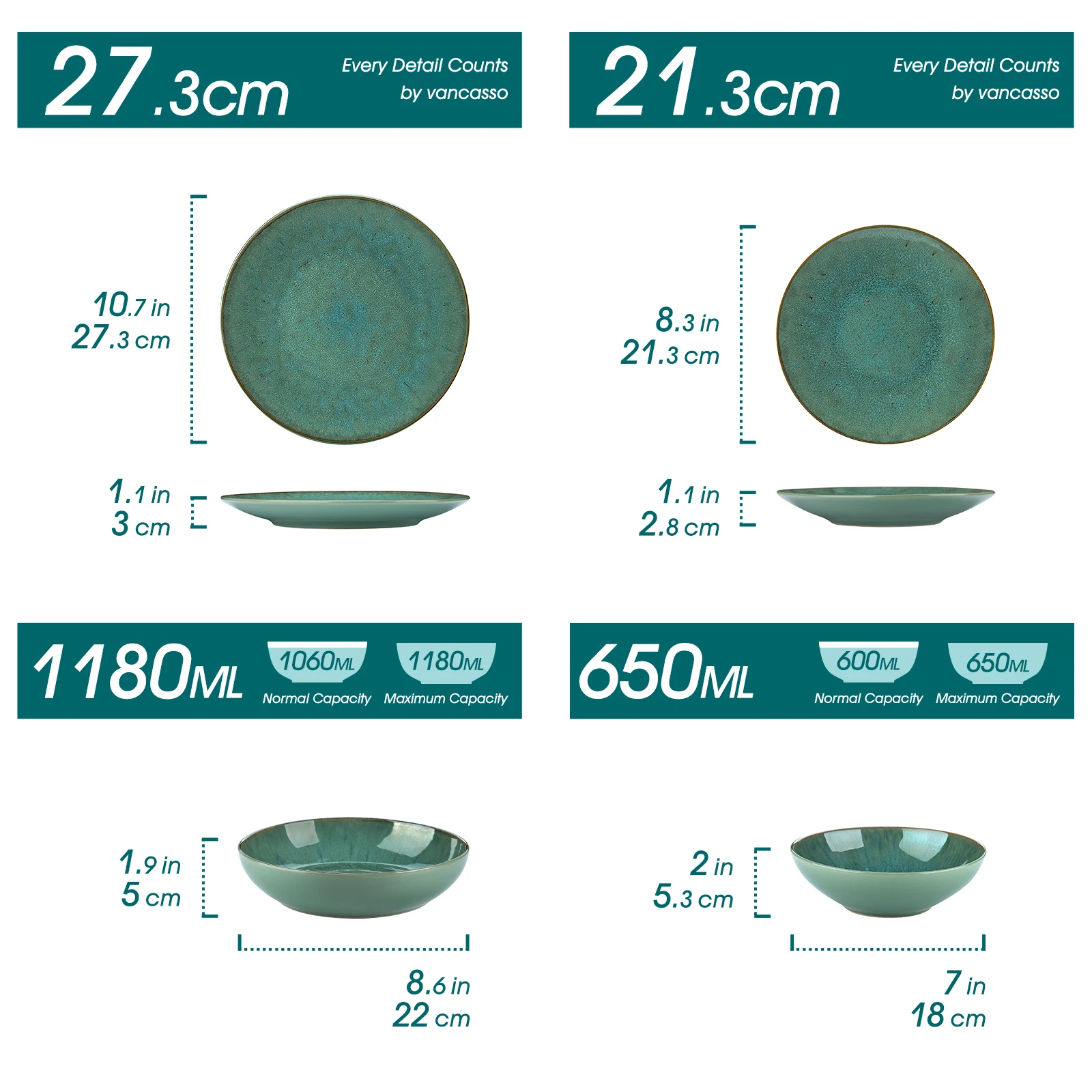Vancasso KARST 16/32/48 Piece Green Embossed Stoneware Tableware Set with Dinner/Dessert Plate/Soup Bowl/Mug Service for 4/8/12