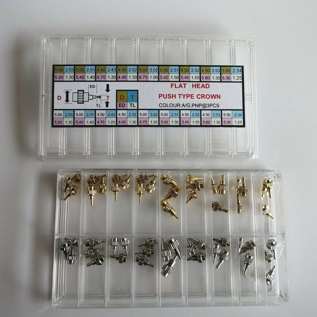 54Pcs/Box Replace Stainless Steel Watch Pusher Button Crown Chronograph Button Drive In Watch Pusher Flat Head Push Type Crown