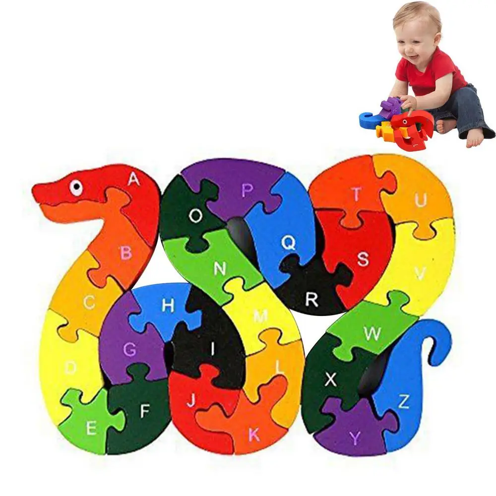 Alphabet Wooden Puzzle Wooden Toys Alphabet Number Building Jigsaw Puzzle Snake Shape Funny Digital Puzzle Game Educational Toys