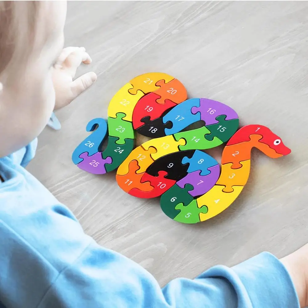 Alphabet Wooden Puzzle Wooden Toys Alphabet Number Building Jigsaw Puzzle Snake Shape Funny Digital Puzzle Game Educational Toys