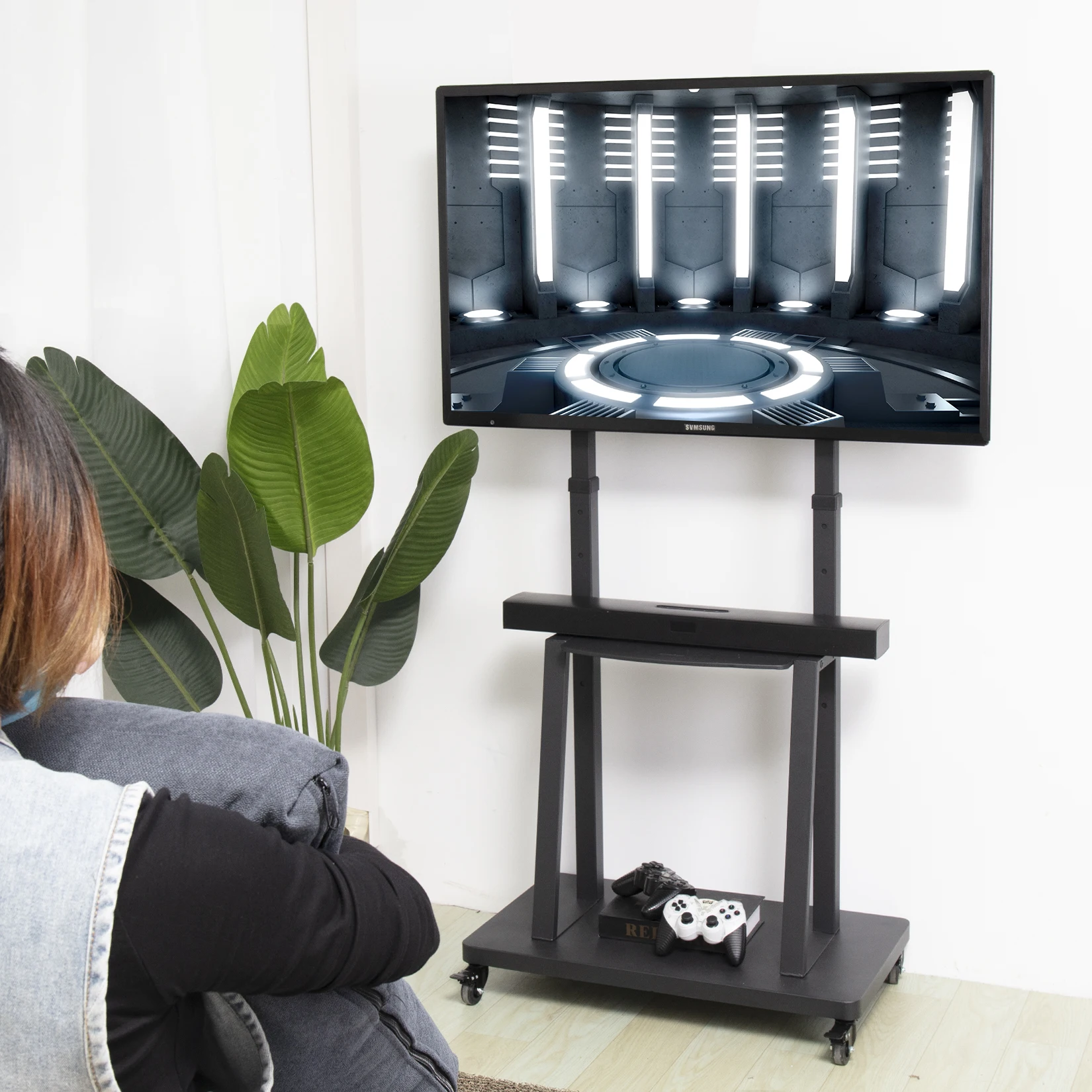 Large Floor TV Stand with 2 Shelves Height Adjustable Mobile TV Mount Bracket for 32-85 inch LCD LED