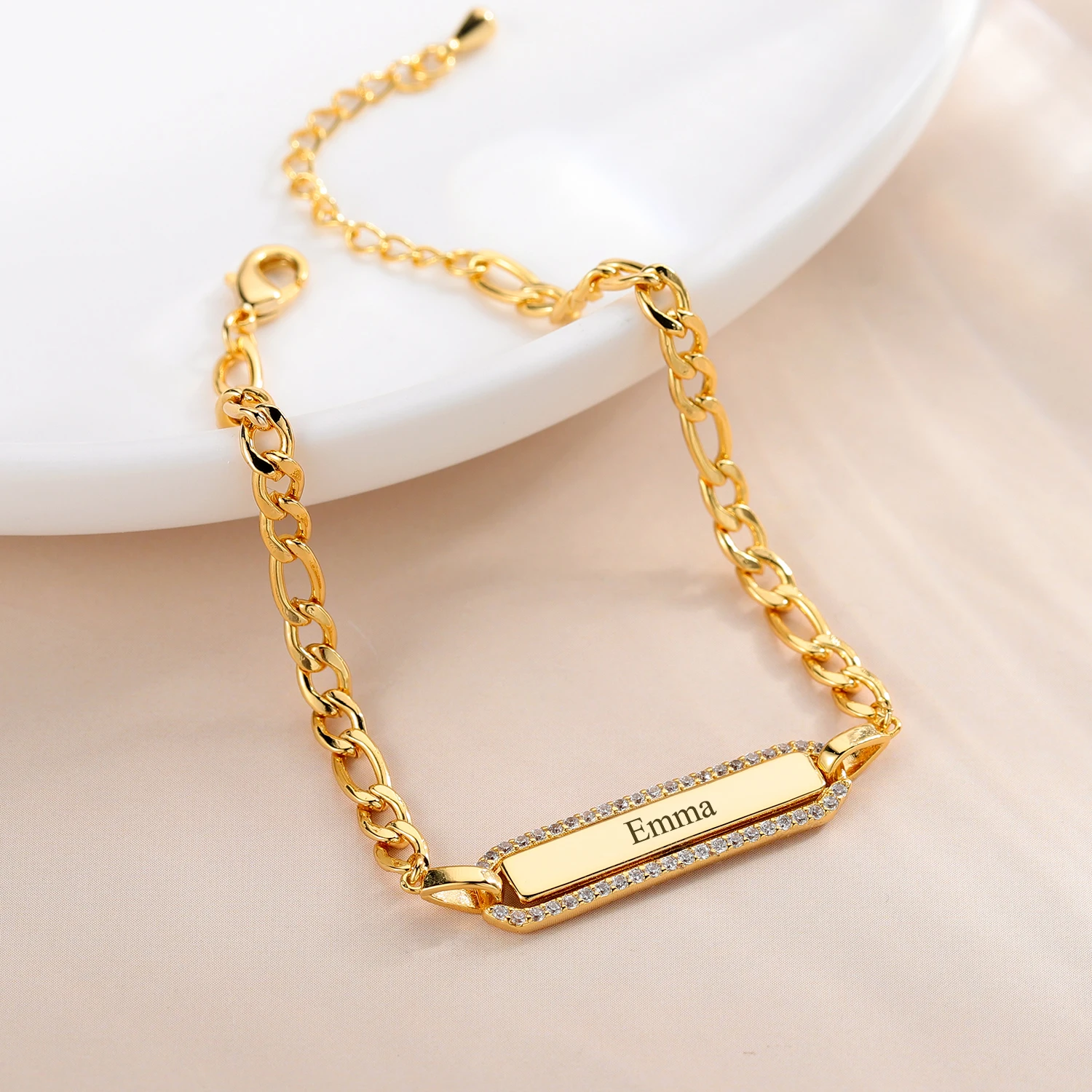 Custom Date Rectangle Engraved Name Bracelet Luxury Figaro Bracelet White Crystal Pendant Adjustable Bracelets 18K Gold Plated